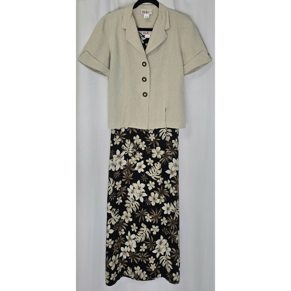 r&k originals Dresses & Skirts - Vtg R&K Originals Women Sz 8 Shift Dress Maxi w/Linen Jacket Black Beige Floral